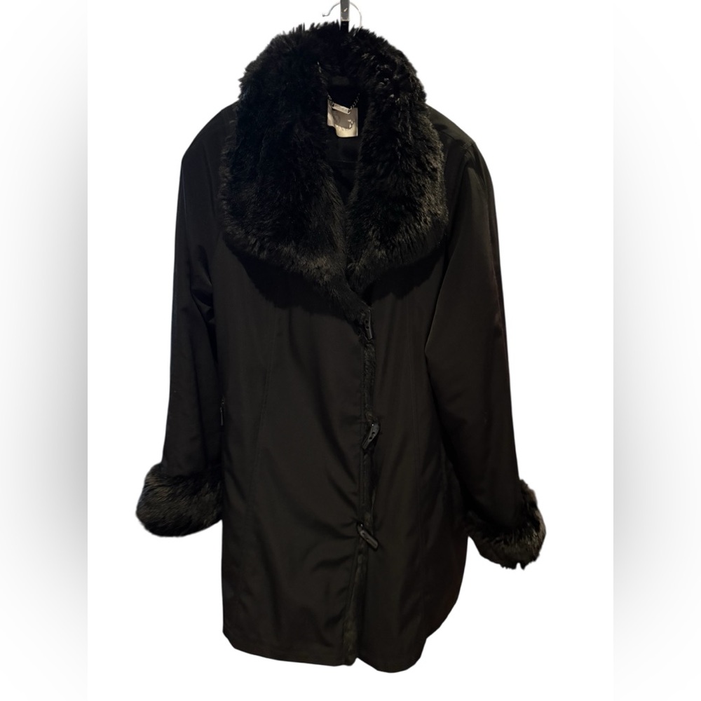 Vintage Jacques Vert Black Faux Fur Trim Winter Coat Elegant Grannycore